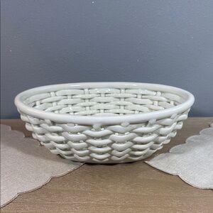 White Woven Ceramic Basket Bowl